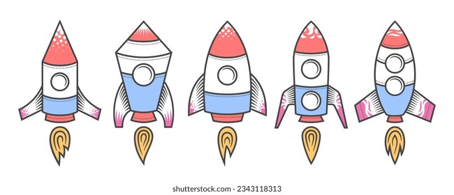 A set of rockets taking off with flames escaping from nozzles in drawing style. Vector illustration