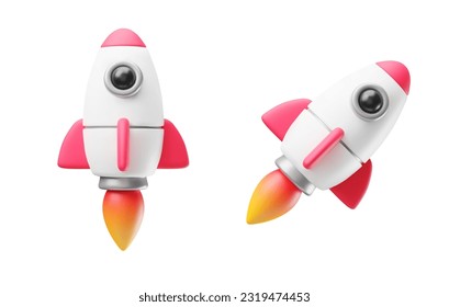 Set of rockets upswing with flame ejected 3d style. Toy spaceship rockets launch. Successful startup, financial growth, space business concept vector illustration