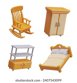 Set with rocking chair, closet, big bed with pillows and blanket, and wardrobe in yellow colors. Collection of furniture for online store. Vector illustration in 3d style