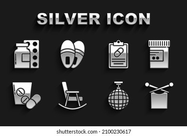 Set Rocking chair, Medicine bottle and pills, Knitting, Disco ball, or tablet, Medical prescription, Pills blister pack and Slippers icon. Vector