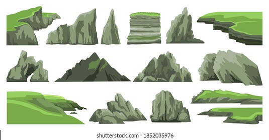 Set rocks  hills  cliffs  mountains peaks   stones isolated white background  Rocky landscape elements  Collection cartoon vector illustrations 