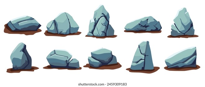 Conjunto de rocas aisladas sobre fondo blanco, colección de grandes piedras grises, Elementos de diseño de Ilustración vectorial
