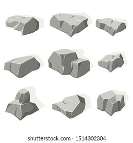 Set of rocks in isometry. Granite rocks, gray blocks. Vector graphics.