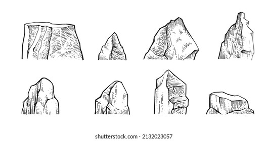 Set rocks  Piece cliff  In style contour engraving  Outline sketch  Hand drawing is isolated white background  Vector 