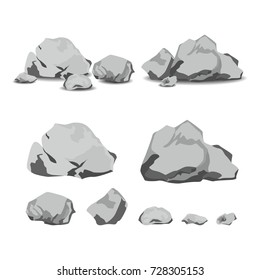 Set of rocks and stones in cartoon style isolated on white background. Vector Illustration.