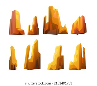 Set of Rocky landscape. Sharp stone cliffs. View of an uninhabited planet. Isolated on white background. Desert during day. Vector.