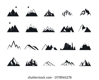 Set of rocky mountains, hills and canyons vector icons. Symbol of rock climbing and alpinism as well as outdoors and travel. Vector black filled signs. Logo illustration