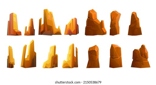 Set of Rocky. Sharp stone cliffs. Isolated on white background. View of an uninhabited planet. Desert during day. Vector.