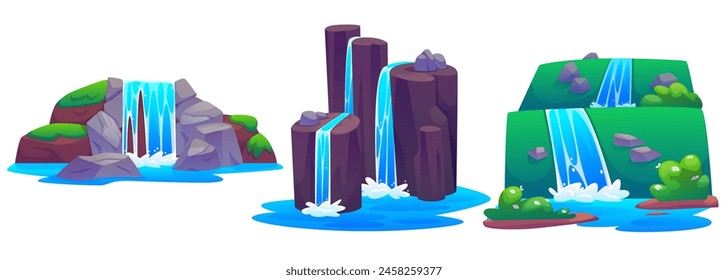 Set of rocky waterfalls isolated on white background. Vector cartoon illustration of river water flowing down stone cascade, green grass and flowers on hill, tropical forest, park design elements