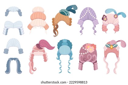 Set of Rococo Wigs Isolated on White Background. European Renaissance Periwigs and Peruke for Men and Women. Vintage Fashion, 18th Century Costume Elements Collection. Cartoon Vector Illustration