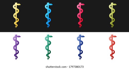 Set Rod of asclepius snake coiled up silhouette icon isolated on black and white backgrounds. Emblem for drugstore or medicine, pharmacy snake symbol. Vector.