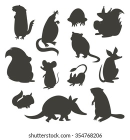 Set Of Rodent  Gray Silhouettes. Vector Illustration, Isolated On A White Background. Beaver, Weasel, Squirrel, Muskrat, Tarbaganchik, Muskrat, Battleship, Bandicoot