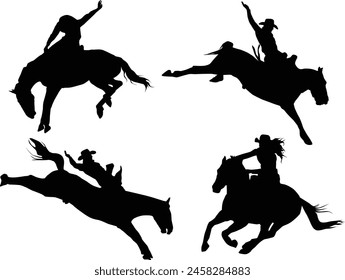 Set of rodeo silhouette illustration. Men riding a wild horse for sport activity