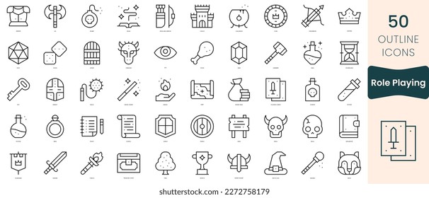 Juego de iconos de juego de roles. Iconos de estilo lineal delgado Empaquetar. Ilustración vectorial