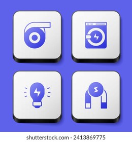 Set Roll adhesive tape, Washer, Creative lamp light idea and Magnet icon. White square button. Vector