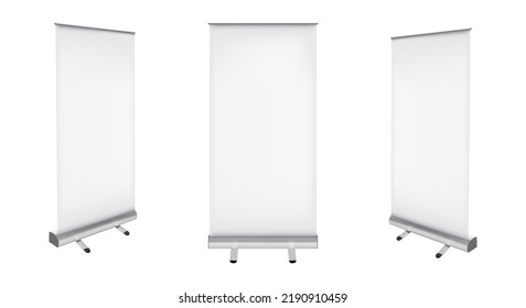 A set of roll up banner. 3d template for your design. For promotional presentation. Realistic vector illustration isolated on transparent background. 