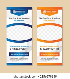 set of roll up banner design with headline is the one stop solutions for website. Space of photo collage and text. Advertising cover with vertical layout. white background and blue orange element. 