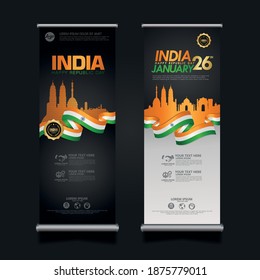 set roll up banner India happy Republic Day background template with elegant ribbon-shaped flag, gold circle ribbon and silhouette india city. vector illustrations