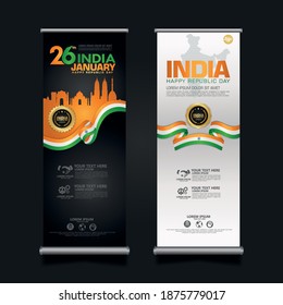 Banner-Roll-Up-Banner Indien-Happy-Republik-Hintergrund-Vorlage mit eleganter bänderförmiger Flagge, goldenem Kreis Band und Silhouette india Stadt. Vektorgrafiken