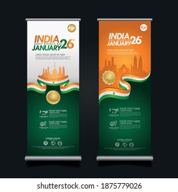 set roll up banner India happy Republic Day background template with elegant ribbon-shaped flag, gold circle ribbon and silhouette india city. vector illustrations