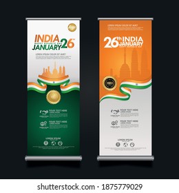 set roll up banner India happy Republic Day background template with elegant ribbon-shaped flag, gold circle ribbon and silhouette india city. vector illustrations