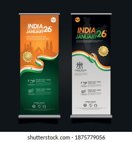 set roll up banner India happy Republic Day background template with elegant ribbon-shaped flag, gold circle ribbon and silhouette india city. vector illustrations