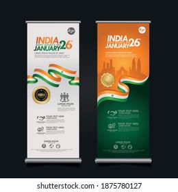set roll up banner India happy Republic Day background template with elegant ribbon-shaped flag, gold circle ribbon and silhouette india city. vector illustrations