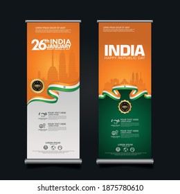 set roll up banner India happy Republic Day background template with elegant ribbon-shaped flag, gold circle ribbon and silhouette india city. vector illustrations