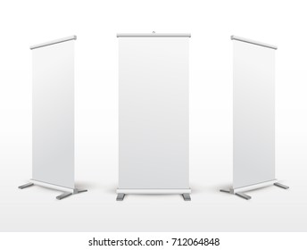 Set Of Roll Up Banner Stand. Flip Chart For Training Or Promotional Presentation. Design Template Blank Pop Up Banner Display Template For Designers. Vector Illustration. Isolated On White Background.