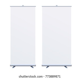 Set Roll Up Banner Stand On Isolated Clean Background. Design Template Blank Pop Up Banner Display Template For Designers. Vector Illustration EPS10. Flipchart For Training Or Promotional Presentation