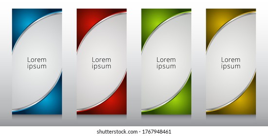 Conjunto de curvas de dimensión 3D del diseño de la plantilla de soporte de banner de enrollado con marco radial de medio tono aislado en fondo blanco. Ilustración del vector