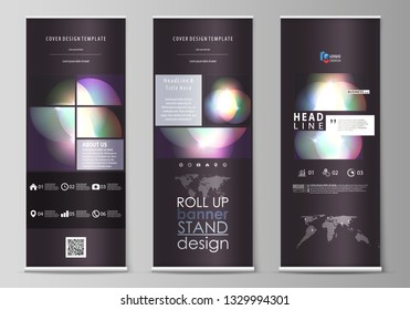 Set of roll up banner stands, abstract geometric style templates, business concept, corporate vertical vector flyers, flag layouts. Mystical Sci-Fi background. Futuristic trendy design.