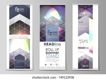 Set of roll up banner stands, abstract geometric style templates, business concept, corporate vertical vector flyers, flag layouts. Mystical Sci-Fi background. Futuristic trendy design.