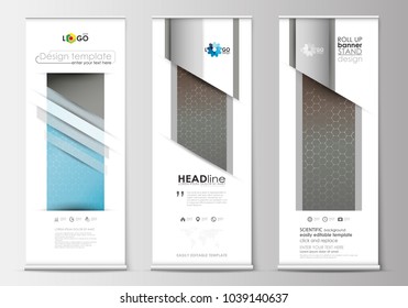 Set of roll up banner stands, flat design templates, geometric style, business concept. Scientific medical research, chemistry pattern, hexagonal molecule structure, science vector background.