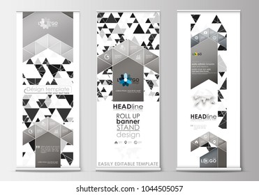 Set of roll up banner stands, flat design templates, geometric style, business concept, corporate vertical flyers. Abstract triangular background, modern gray color polygonal vector.