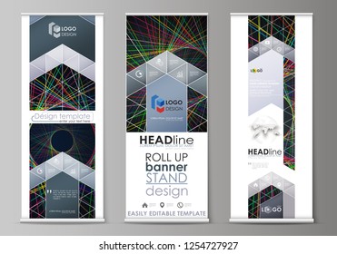 Set of roll up banner stands, flat design templates, abstract geometric style, corporate vertical vector flyers, flag layouts. Bright color lines, colorful beautiful background. Perfect decoration.