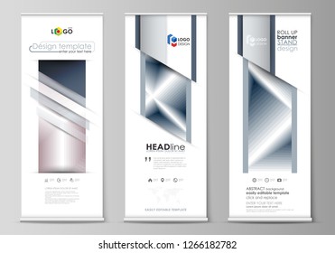 Set of roll up banner stands, flat design templates, business concept, corporate vertical vector flyers, flag layouts. Simple monochrome geometric pattern. Abstract polygonal style, stylish background