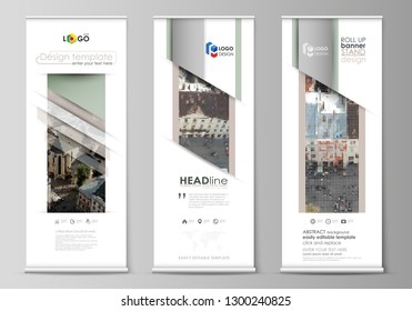 Set of roll up banner stands, flat design templates, abstract geometric style, vertical vector flyers, flag layouts. Colorful background made of dotted texture for travel business, urban cityscape.