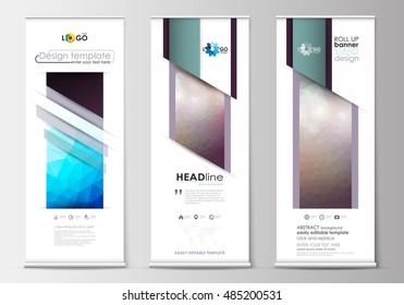 Set of roll up banner stands, flat design templates, geometric style, business concept, corporate vertical vector flyers. Abstract triangles, blue triangular background, colorful polygonal pattern.