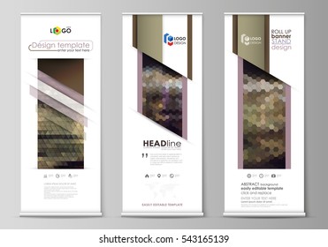 Set of roll up banner stands, flat design templates, corporate vertical vector flyers, flag layouts. Abstract multicolored backgrounds. Geometrical patterns. Triangular and hexagonal style.