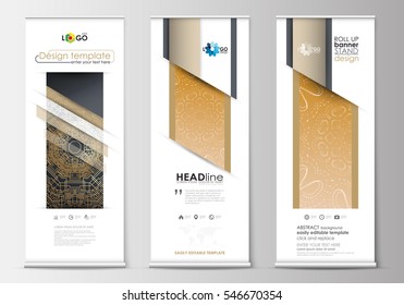 Set of roll up banner stands, flat design templates, geometric style, business concept, vertical flyers. Golden technology background, connection structure, connecting dots and lines, science vector.
