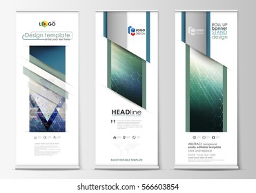 Set of roll up banner stands, flat design templates, geometric style, vertical vector flyers, flag layouts. Chemistry pattern, hexagonal molecule structure. Medicine, science, technology concept.