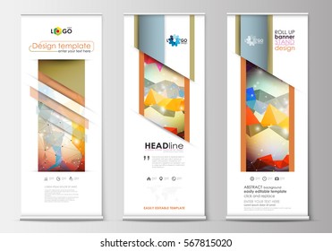Set of roll up banner stands, flat templates, geometric style, modern business concept, corporate vertical flyers. Abstract colorful triangle design vector background with polygonal molecules