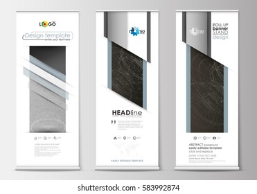 Set of roll up banner stands, flat design templates, business concept, corporate vertical flyers. Abstract 3D construction and polygonal molecules on gray background, scientific technology vector