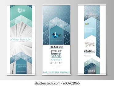 Set of roll up banner stands, flat design templates, geometric style, modern business concept, corporate vertical flyers. Abstract blue or gray pattern with lines, vector texture