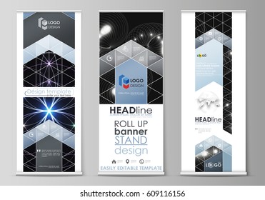 Set of roll up banner stands, flat design templates, abstract geometric style, corporate vertical vector flyers, flag layouts. Sacred geometry, glowing geometrical ornament. Mystical background