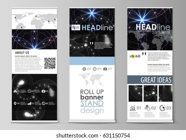 Set of roll up banner stands, flat design templates, abstract geometric style, corporate vertical vector flyers, flag layouts. Sacred geometry, glowing geometrical ornament. Mystical background.