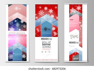 Set of roll up banner stands, flat design templates, abstract geometric style, corporate vertical vector flyers, flag banner layouts. Christmas decoration, vector background with shiny snowflakes.