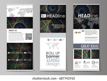 Set of roll up banner stands, flat design templates, abstract geometric style, corporate vertical vector flyers, flag layouts. Bright color lines, colorful beautiful background. Perfect decoration.