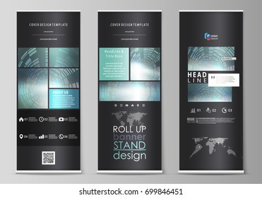 Set of roll up banner stands, flat design templates, abstract business concept, corporate vertical vector flyers, flag layouts. Technology background in geometric style made from circles.